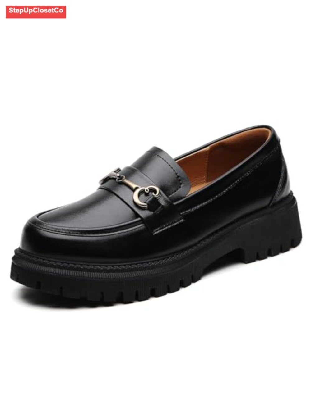 Women Platform Loafers Chunky Heel Slip On Comfort Office Shoes Metal Chain